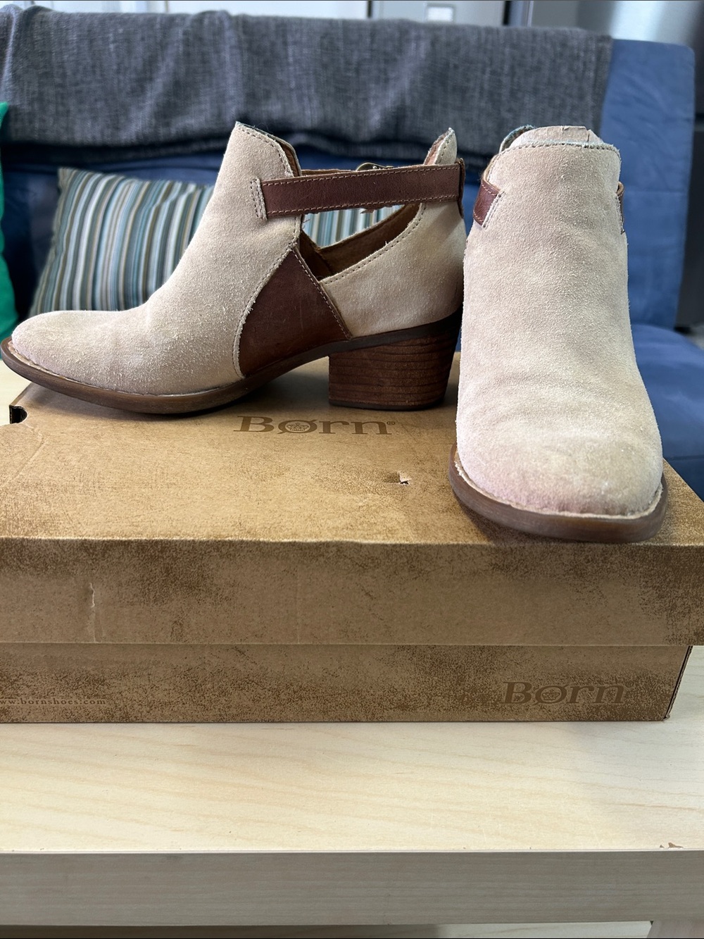 Born Beige Suede Cutout Ankle Boots with Brown Trim
